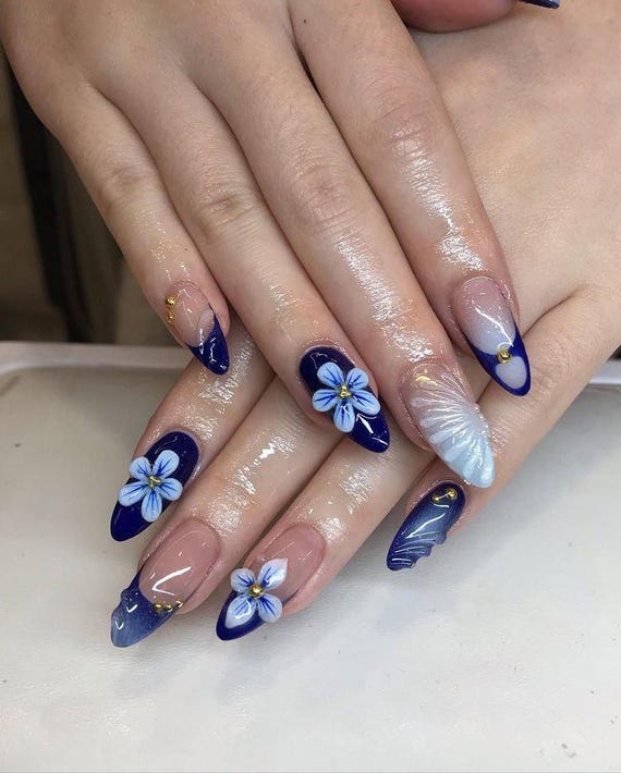 Blue 3D Flower Press On Nails, Navy French Tip Nails, Handmade Elegant Summer Nails, Reusable Luxury Press Ons