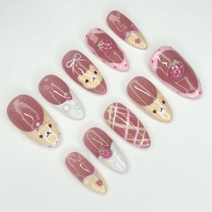 Kawaii Bear Strawberry Press On Nails, Cute Animal Fruit Nail Art, Pastel Pink Strawberry Fake Nails, Rilakuma nails, pink press on nails
