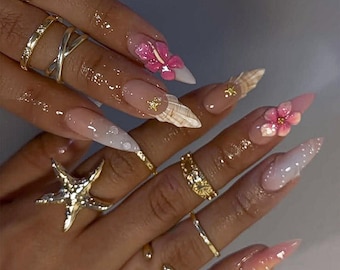 Summer Tropical Vibes Press On Nails, Island-Inspired Press On Nails, Pink Ombré Nails, 3D floral pink nails,Handmade Beach Press On Nails