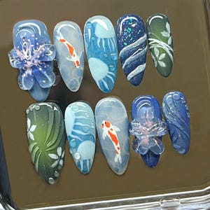 Ocean-Inspired Press On Nails with 3D Oceanic, Summernails, Ocean Nails, Fake Nails, Blue Inspired Nail Art, summer press on nails, koi fish