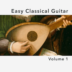 May include: A book cover for "Easy Classical Guitar, Volume 1" featuring a painting of a person playing a lute. The book is published by Werner Guitar Editions.