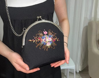 Black Embroidered Handbag, Embroidered Handbag, Handmade Handbag Mothers Day gift