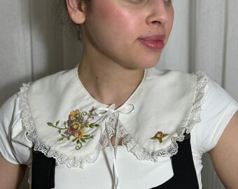 White Embroidered Peterpan Collar, Detachable Collar, Peter pan Collar, Vintage Collar, Bib Collar, Removeable Collar for Women