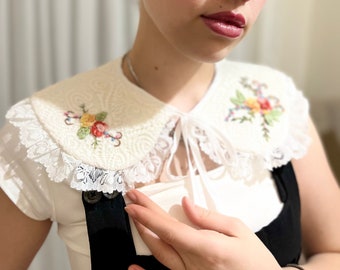Handmade White Embroidered Peterpan Collar, Detachable Collar, Peter pan Collar, Vintage Collar, Bib Collar, Removeable Collar for Women