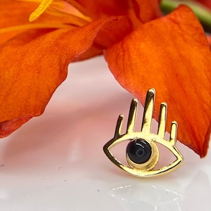Amulet Eye, Genuine Obsidian set in 14kt Yellow Gold threadless top, for Helix, Flat, Lobe, Conch piercings