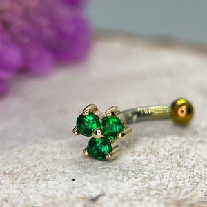 Curved Rook, Eyebrow Bar, 14k Gold top set with an Emerald Green CZ Trio on a Titanium Post 16g 1.2mm