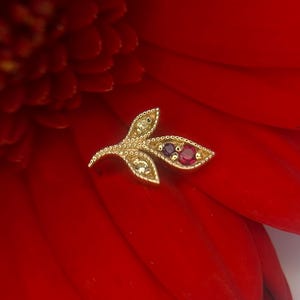 Può includere: Un gioiello a forma di foglia color oro con piccole pietre preziose colorate. La foglia ha un design dettagliato ed è posta su uno sfondo rosso vibrante, creando un contrasto sorprendente. Le pietre preziose sono rosse e viola.