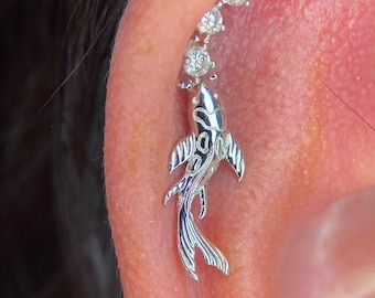 Right or Left facing Koi fish 14k White Gold from Junipurr, perfect for Flat, Tragus, Helix & Conch piercings