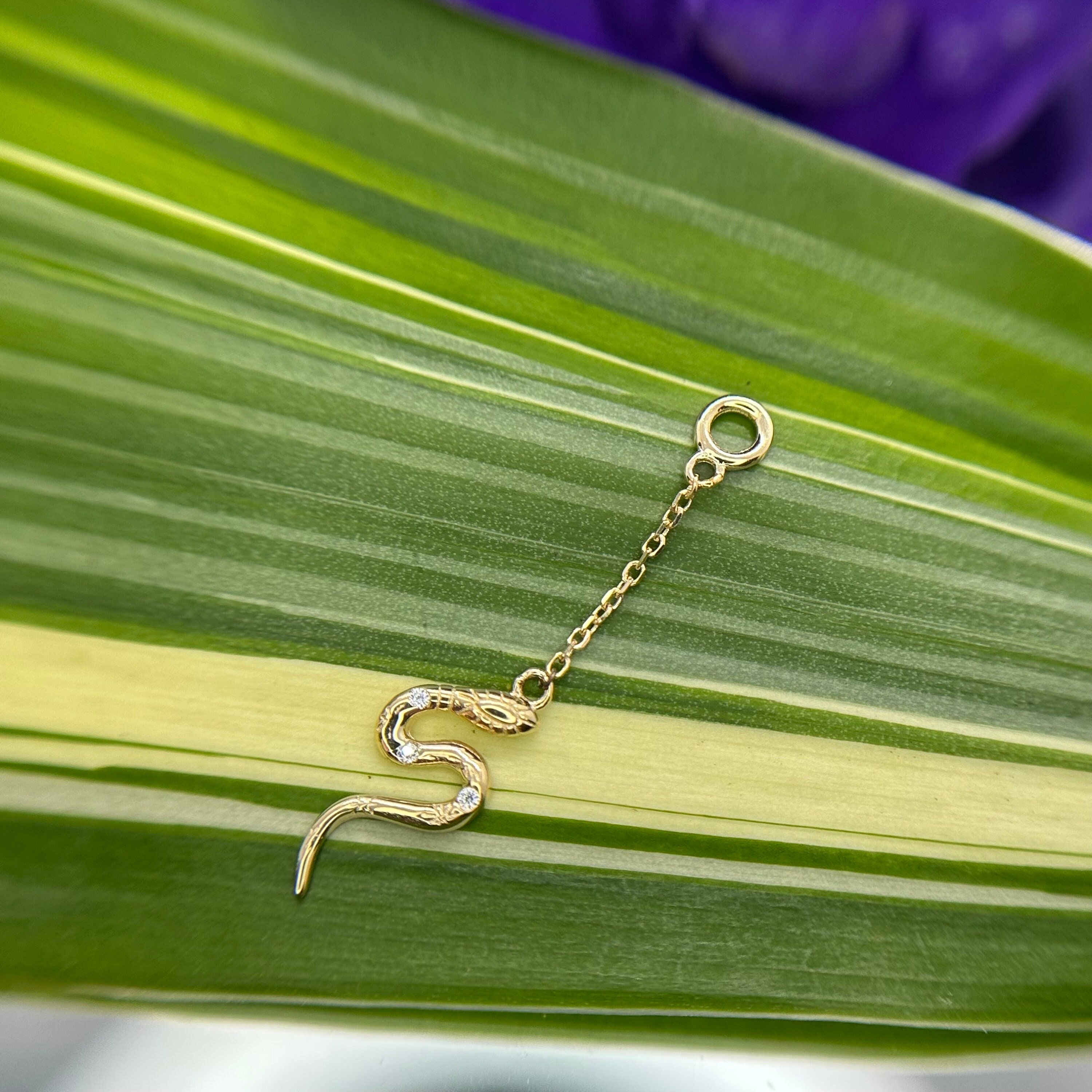 Crystal Snake Charm Chain Dangle 14kt Yellow Gold & CZ, for Helix, Flat, Lobe, Conch, Rook piercings