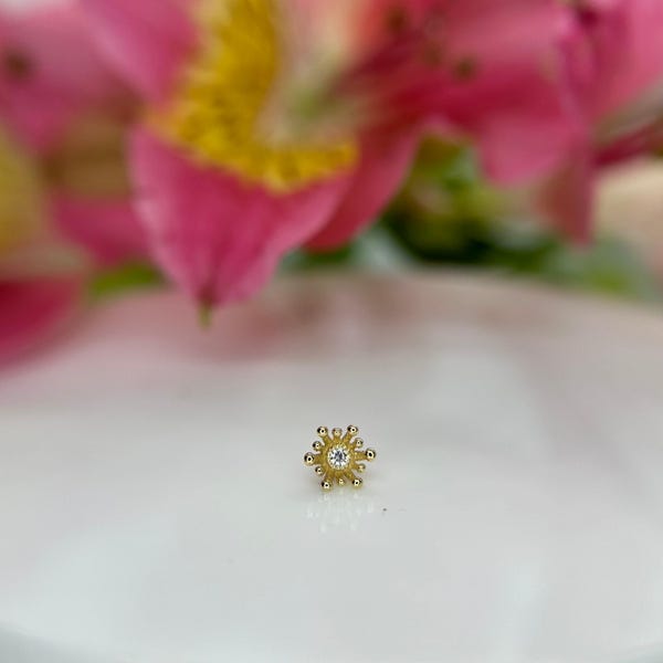 Five Star Burst with Clear Crystal 14K Yellow Gold Jewelry, perfect for Rook, Vertical Labret, Eyebrow, Helix, Conch, Flat & More 1.2mm 16g