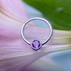 Tish Lyon Hinged Ring 14kt White Gold set with a Genuine Amethyst Stone 1.2mm 16g x 11mm perfect for Daith & Septum piercings