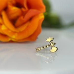 Double Headed Axe from Mushroom 14K Yellow Gold Threadless Jewelry, perfect for Helix, Nostril, Conch, Lobe, Flat & More