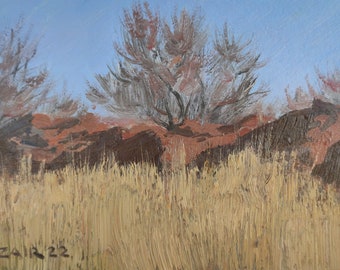 Spring Landscape Painting Dry Grass Wall Art 7" by 5" by ZairKZ
