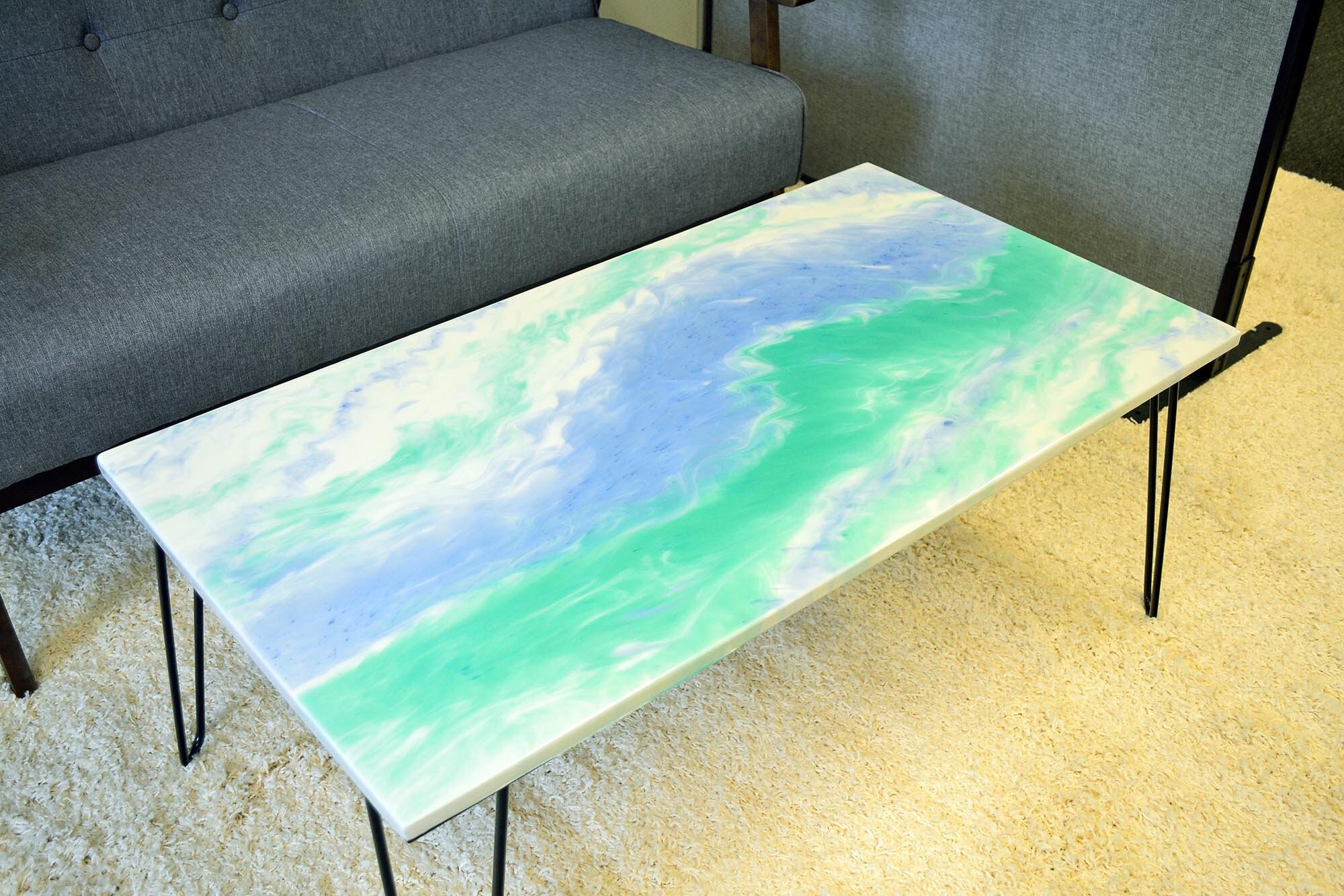 Resin Art Coffee Table WhiteBlueGreen Free Style Design Etsy