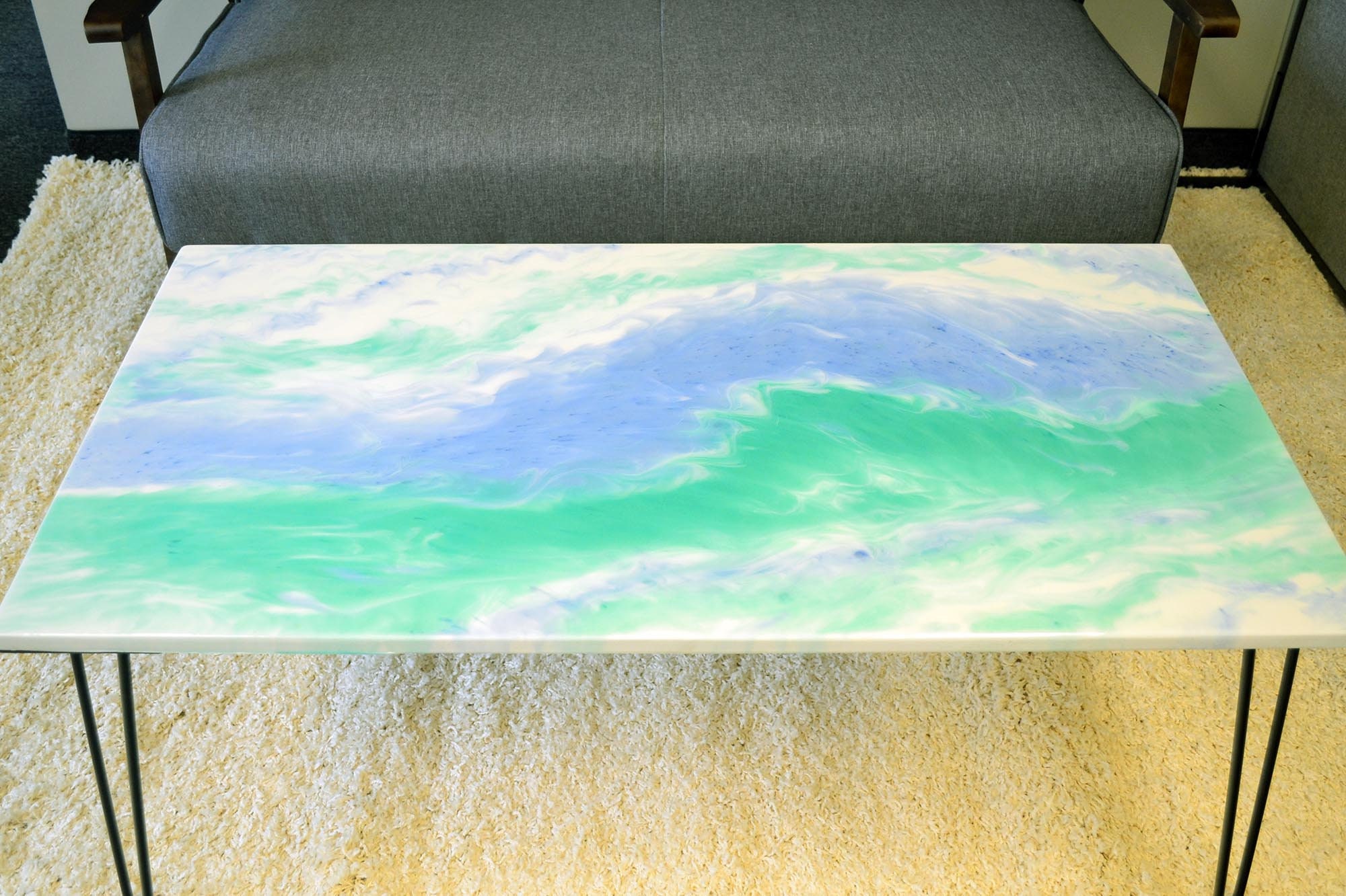 Resin Art Coffee Table WhiteBlueGreen Free Style Design Etsy
