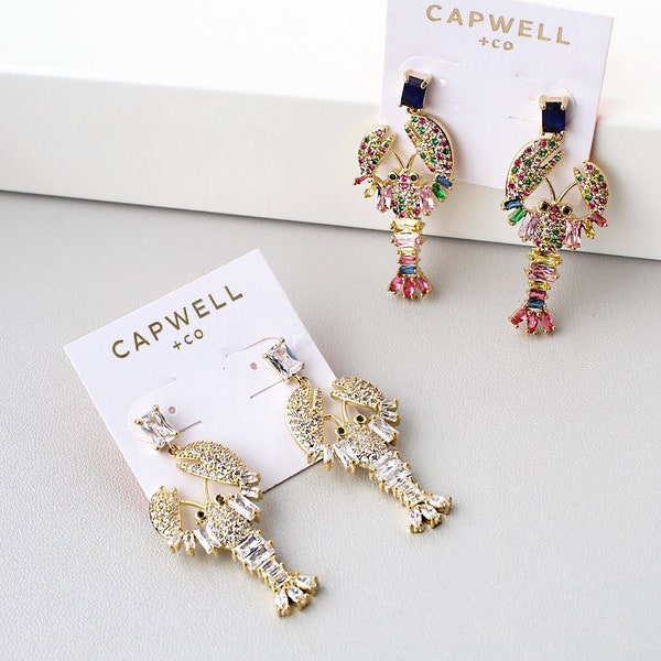 Crystal + Rainbow Stone Lobster Earrings | Crawfish Statement Drop Earrings | Sparkle Dangle Statement Earrings