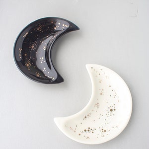 Celestial Crescent Moon Jewelry Dish | Black Moon Trinket Dish | White and Gold Moon Ring Holder | Blue and Gold Moon Ring Dish