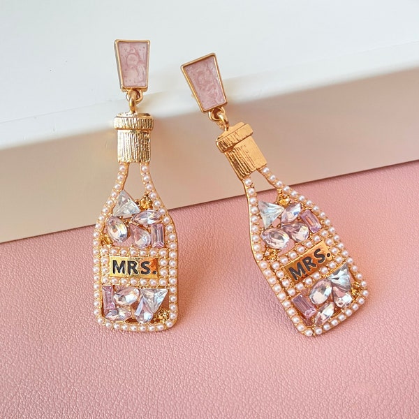 Bride Mrs Champagne Bottle Earrings | Pink Bachelorette Statement Earrings | Bridal Wedding Jewelry | Prosecco Rose Earrings
