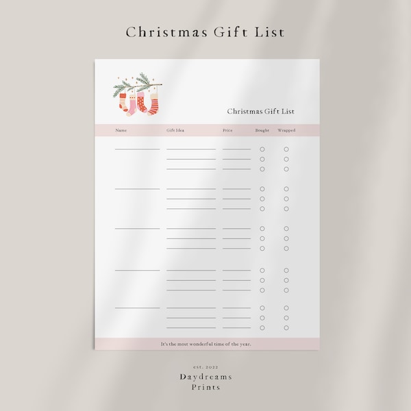 Pinke Weihnachts-Geschenkliste Tracker Printable, Weihnachtsplaner, Weihnachtsplaner, Weihnachtsgeschenkliste • DIGITALER DOWNLOAD