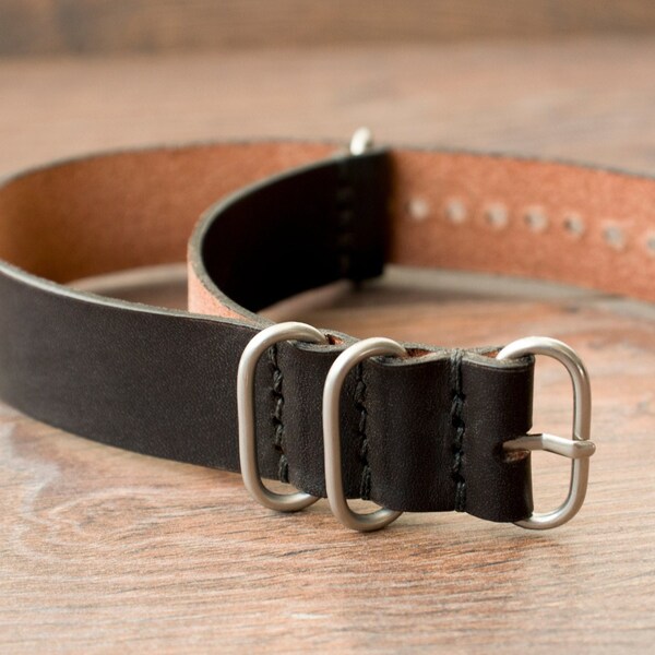 Zulu strap, 18mm 20mm 22 mm watch strap, leather strap, Zulu watch band, Black leather band, Black watch strap, Military leather watch strap