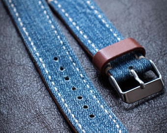 Correa de reloj de mezclilla y cuero, correa de mezclilla azul, correa de mezclilla negra, correa de cuero marrón, cuero genuino, correa de reloj personalizada, correa de reloj hecha a mano