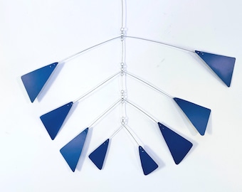 Blue Painted Metal Triangle Mobile, 25” wide x 20” long.