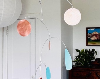 Classic Copper Circles and Painted Metal Mobile, 22” wide x 28” high