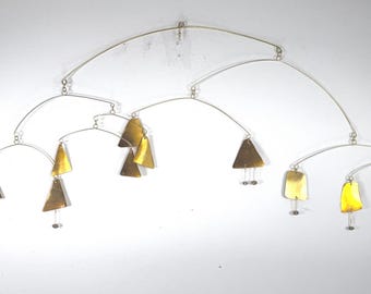 Pure Brass Triangles with Faceted Crystal Glass Beads Mobile, 32” w x 20” h