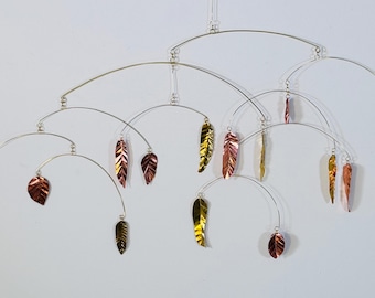 Handmade Copper and Brass Leaves Mobile, 32" wide x 23" high