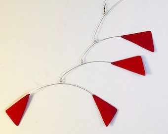 Red Triangles Painted Metal Mobile, 25” high x 18” wide