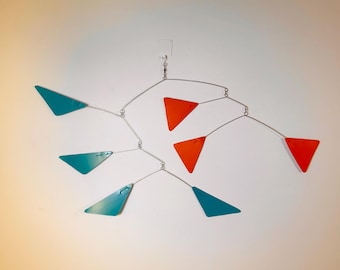 Turquoise and Orange Triangles Painted Metal Mobile, 33” wide x 18” high
