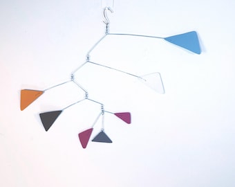 Triangle Mobile: Enamel Painted Sheet Metal, Pink Black White - Handmade