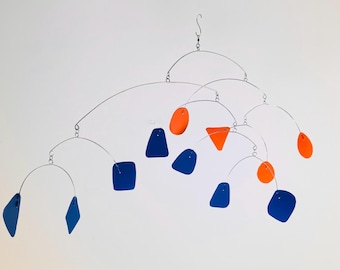 Multicolored Abstract Modern Mobile, Blue and  Orange Shapes, 32” wide x 17” high