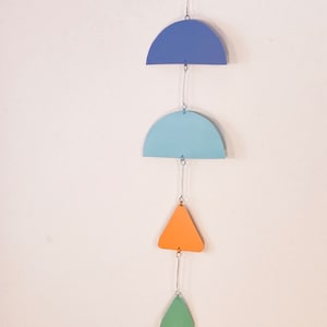 Linear Painted Metal Mobile, Abstract Multicolor Shapes, Lavender, Sky blue, Orange, Green, 6”wide x 22” high