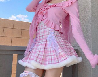 Pink & Blue High Waist Pleated Plaid Y2K Skirt