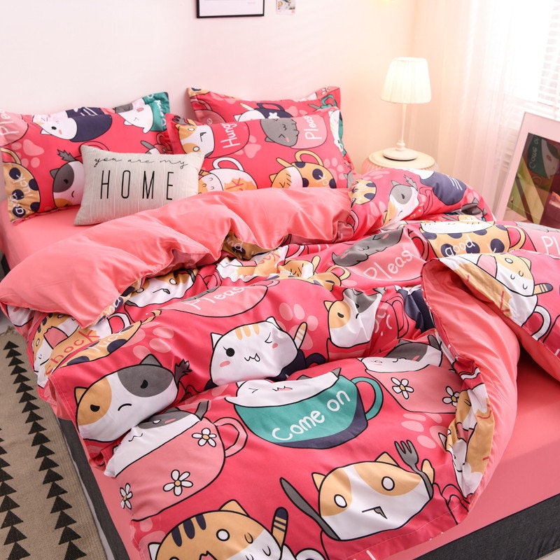 Hungry Kawaii Kitty Cat Duvet Cover Set Twin Full Queen King Uk Hungry Kawaii Kitty Cat Duvet Cover Set, King Bed Covers Sets