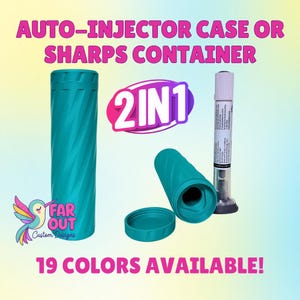May include: Teal auto-injector case or sharps container. The image shows a cylindrical case with a matching lid, and a disassembled case. The text reads "2 in 1" and "19 colors available!"