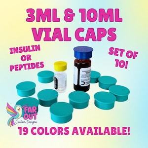 May include: A set of 10 teal vial caps, with 3ml and 10ml sizes, alongside two vials. The image includes the text "3ML & 10ML VIAL CAPS", "INSULIN OR PEPTIDES", and "19 COLORS AVAILABLE!"