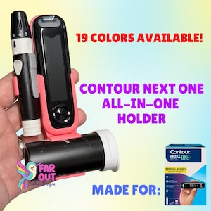 May include: A pink Contour Next One all-in-one holder with a black meter and test strip container. The holder is designed to fit the Contour Next One meter. Text on the image reads "19 Colors Available!" and "Made For:"
