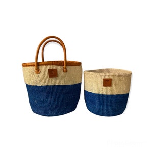 AFRICAN SHOPPING KIONDO Two-Tone Handwoven Basket with handles for Storage and shopping 10”-12”Set