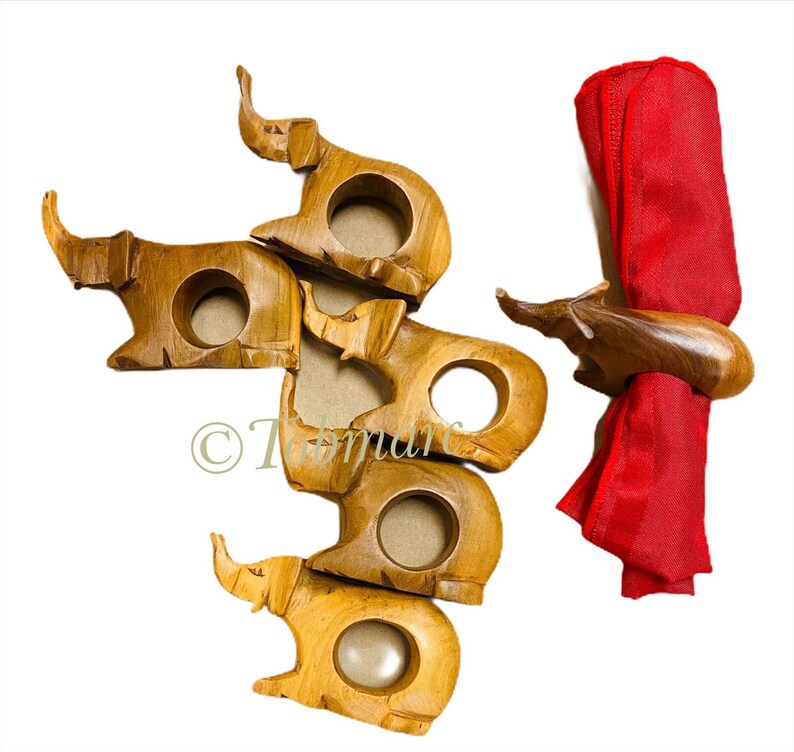 NAPKIN HOLDER, WOOD Napkin Rings, Handcarved Sixpiece Animal Safari