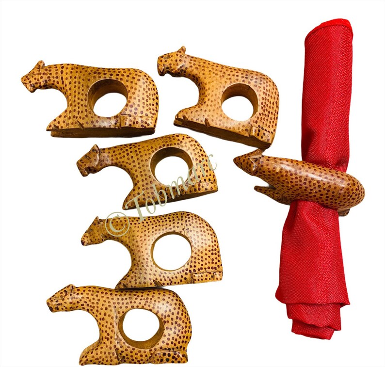 NAPKIN HOLDER, WOOD Napkin Rings, Handcarved Sixpiece Animal Safari