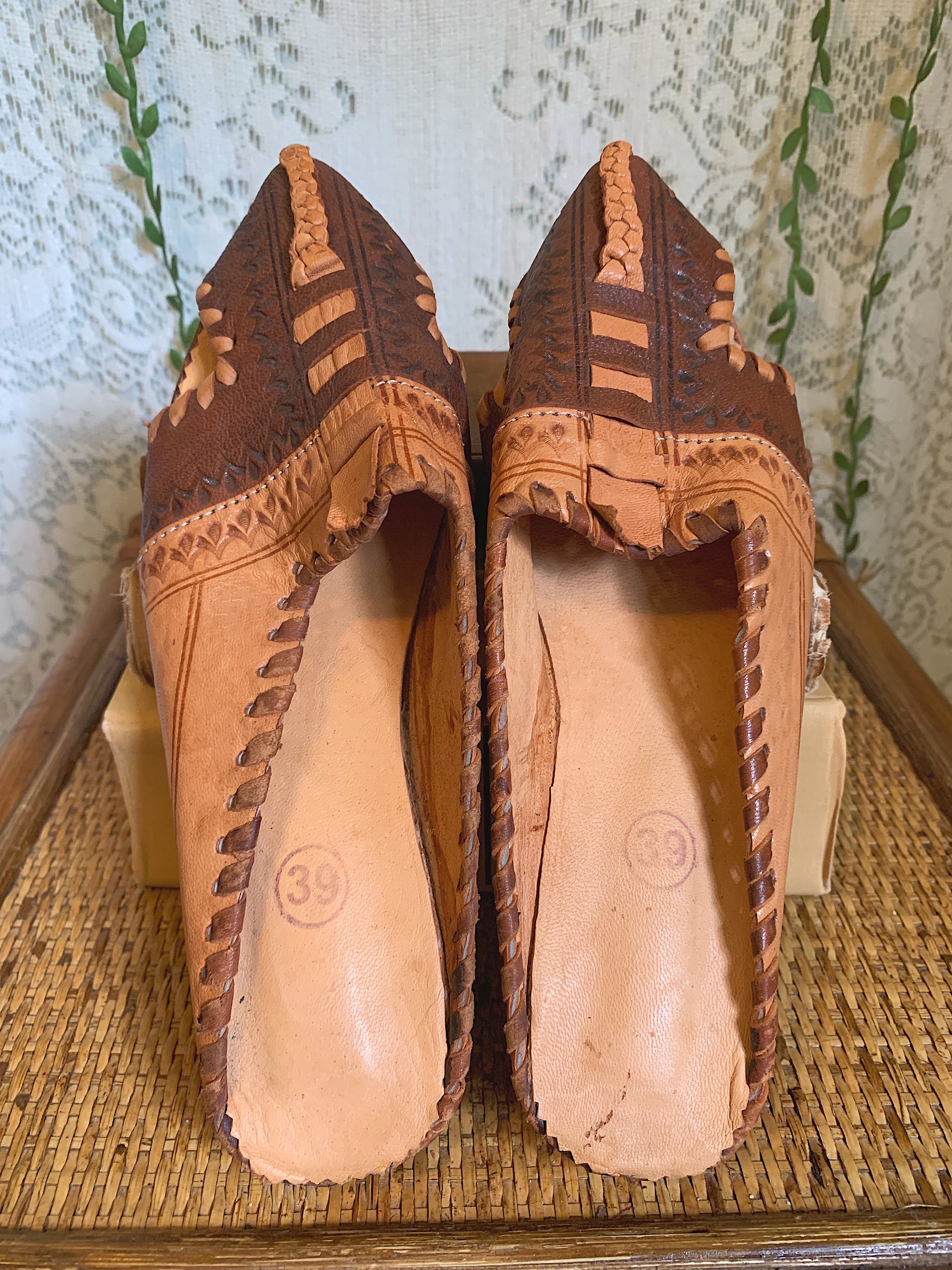 Vintage Pointed Toe Woven Stamped Leather Flats | Etsy