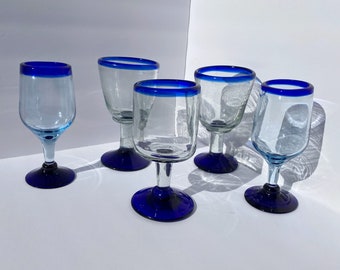 STEMLESS WINE GLASS COBALT BLUE AND WHITE ARTISAN HAND BLOWN GLASS! NEW!