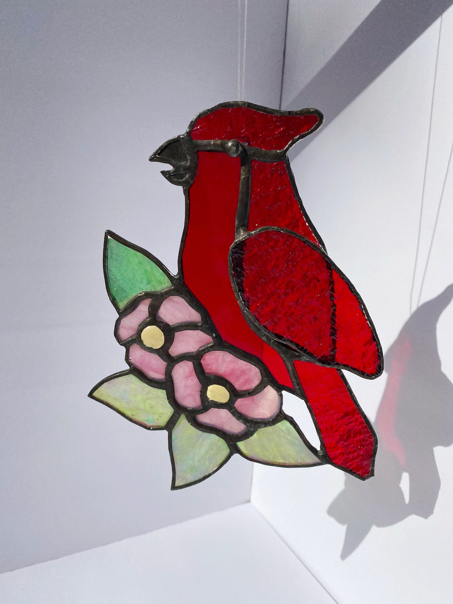 Vintage Handmade Cardinal With Flowers Stained Glass Sun Etsy