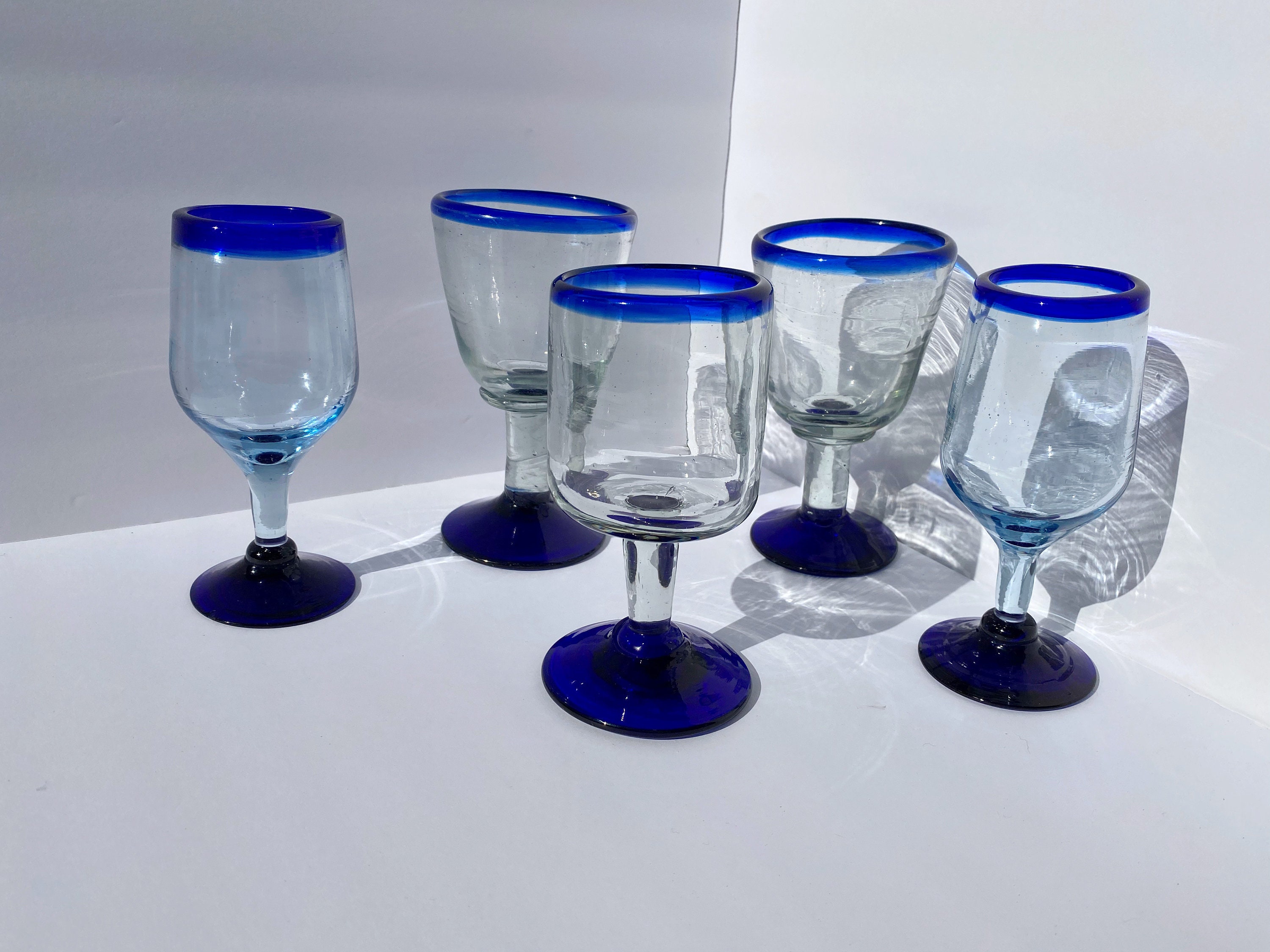 MexHandcraft Cobalt Blue Rim 12 oz Short Stem Wine Glasses (set of 6),  Recycled Glass, Lead-free, Toxin-Free (12oz Short Stem)