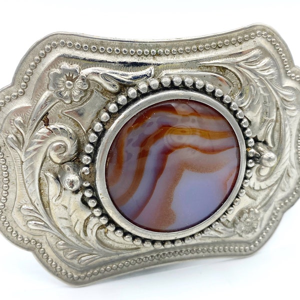 Unique Vintage Belt Buckle with Orange Stone | Western Style Belt Buckle with Multi Colored Center Agate | Silver Handmade Belt Buckle