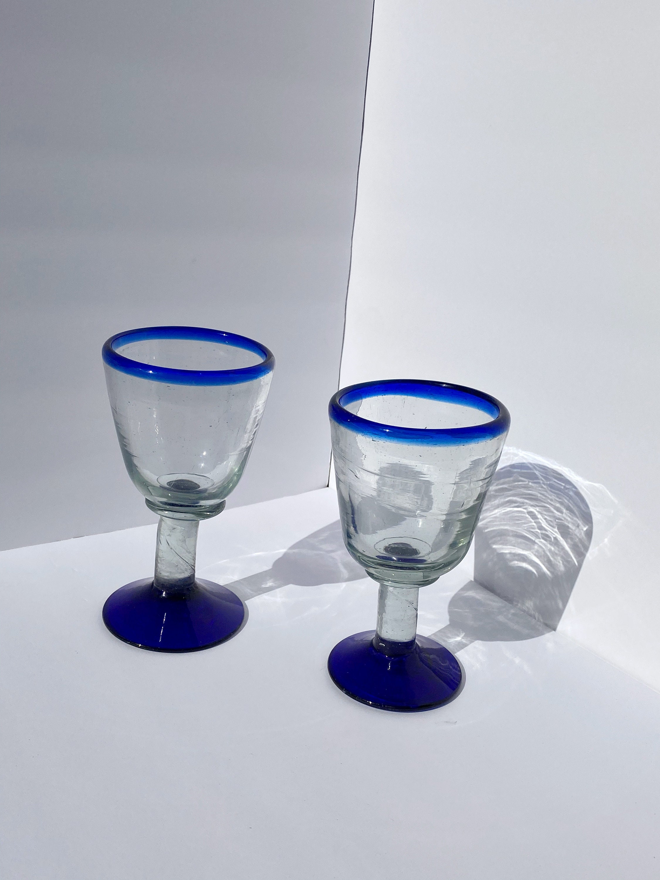 Set of 5 Vintage Hand Made Blown Glass Wine Glasses Mexican Artisan