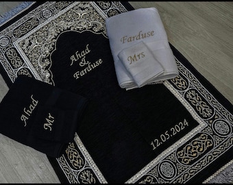 Premium Couples Personalised Prayer Mat – Luxurious Adult Sajada Embroidery | Islamic Gift for Nikah, Wedding Anniversary and New Homes