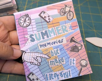 May include: A colorful journal cover with a collage of images and text. The text reads "SUMMER memories but make it literary!"